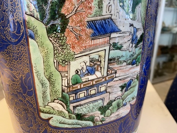 A massive Chinese famille verte on powder blue-ground rouleau vase, Kangxi